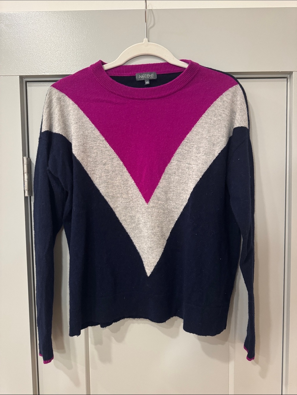 Needle & Thread Women's Fuchsia, Gray & Navy Chevron Crewneck Cashmere Sweater